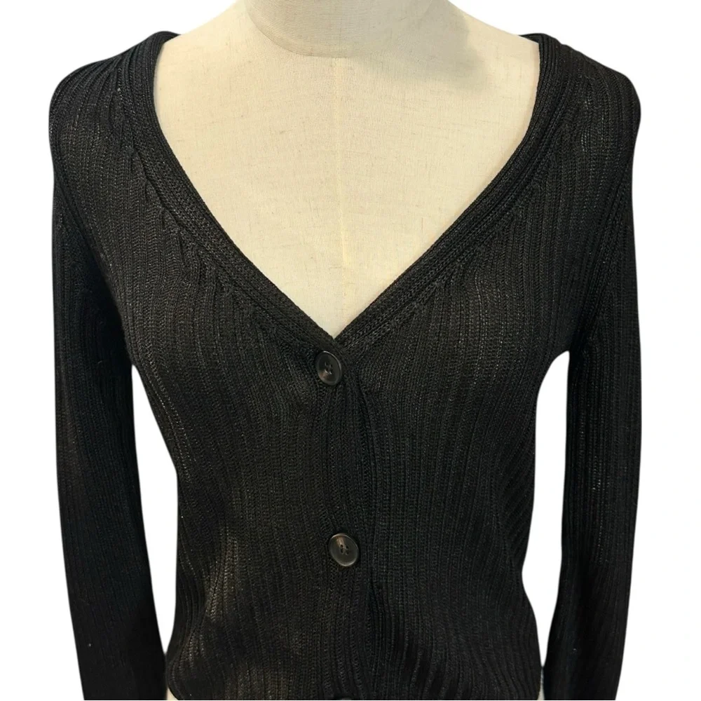 Free People‎ Game On Ribbed Cardigan Size XS Black Basic Staple Minimalist